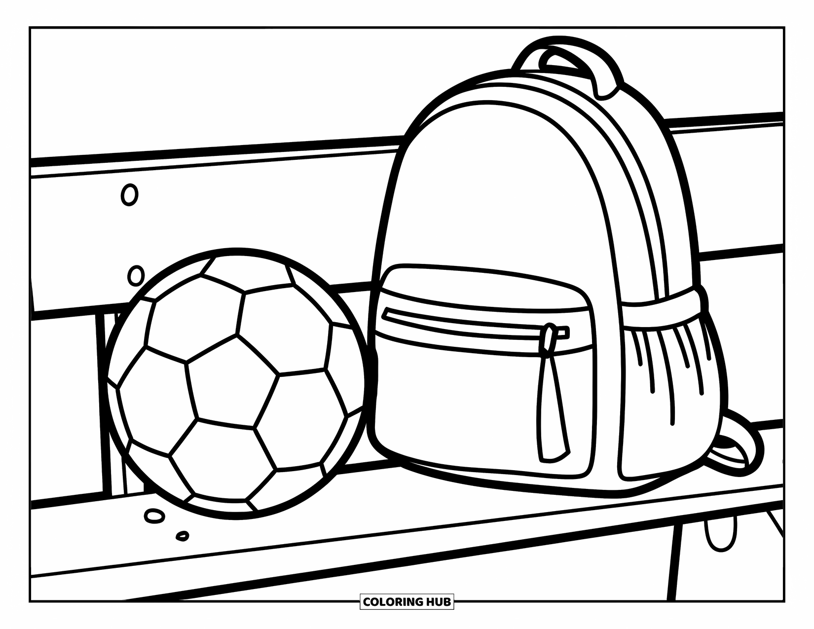 Voetbal Kleurplaat voor Kinderen: Een bankje bevat een voetbal en een rugzak met ritssluiting