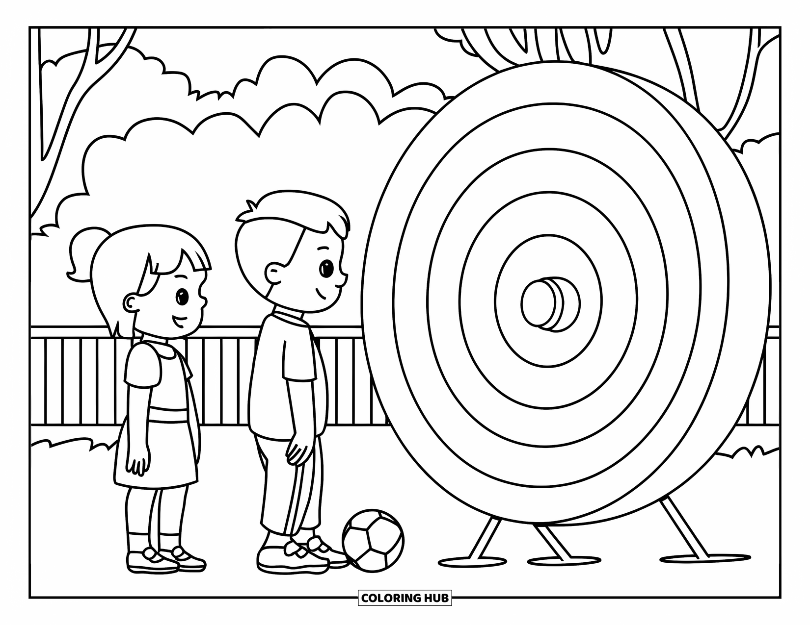 Voetbal Kleurplaat voor Kinderen: Een jongen en een meisje staan in de rij om een bal naar een groot doel te schoppen