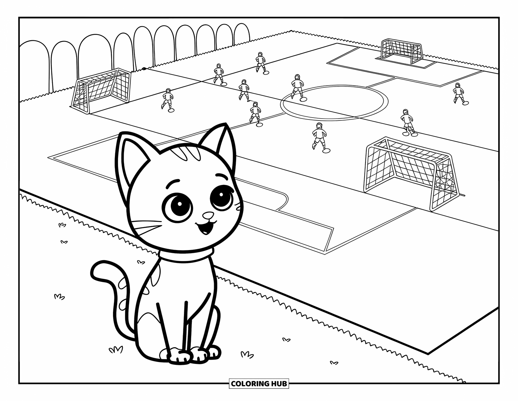 Voetbal Kleurplaat voor Kinderen: Een kat met een halsband kijkt naar een wedstrijd vanaf een groene heuvel