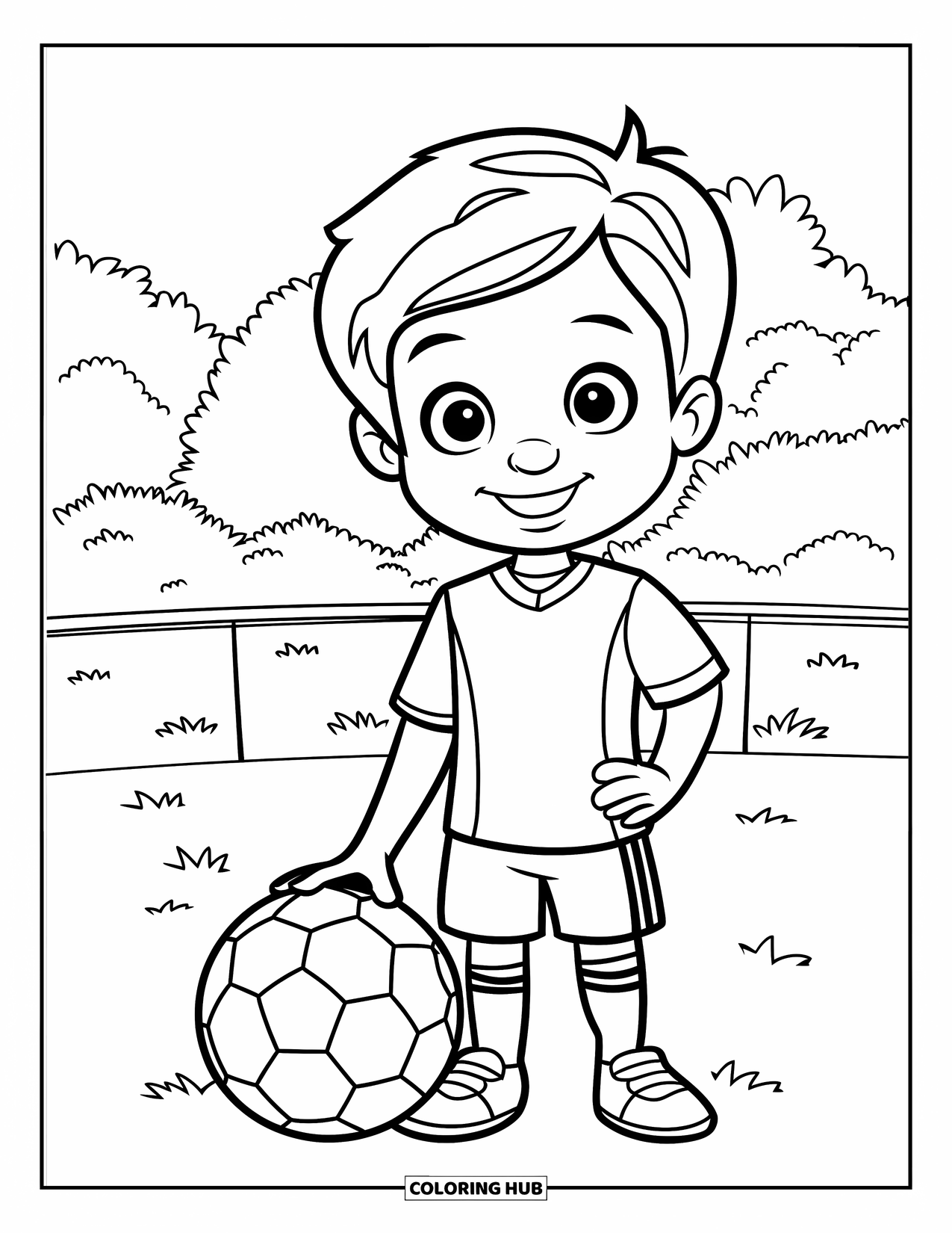 Voetbal Kleurplaat voor Kinderen: Een vrolijk kind staat naast een voetbal op het veld