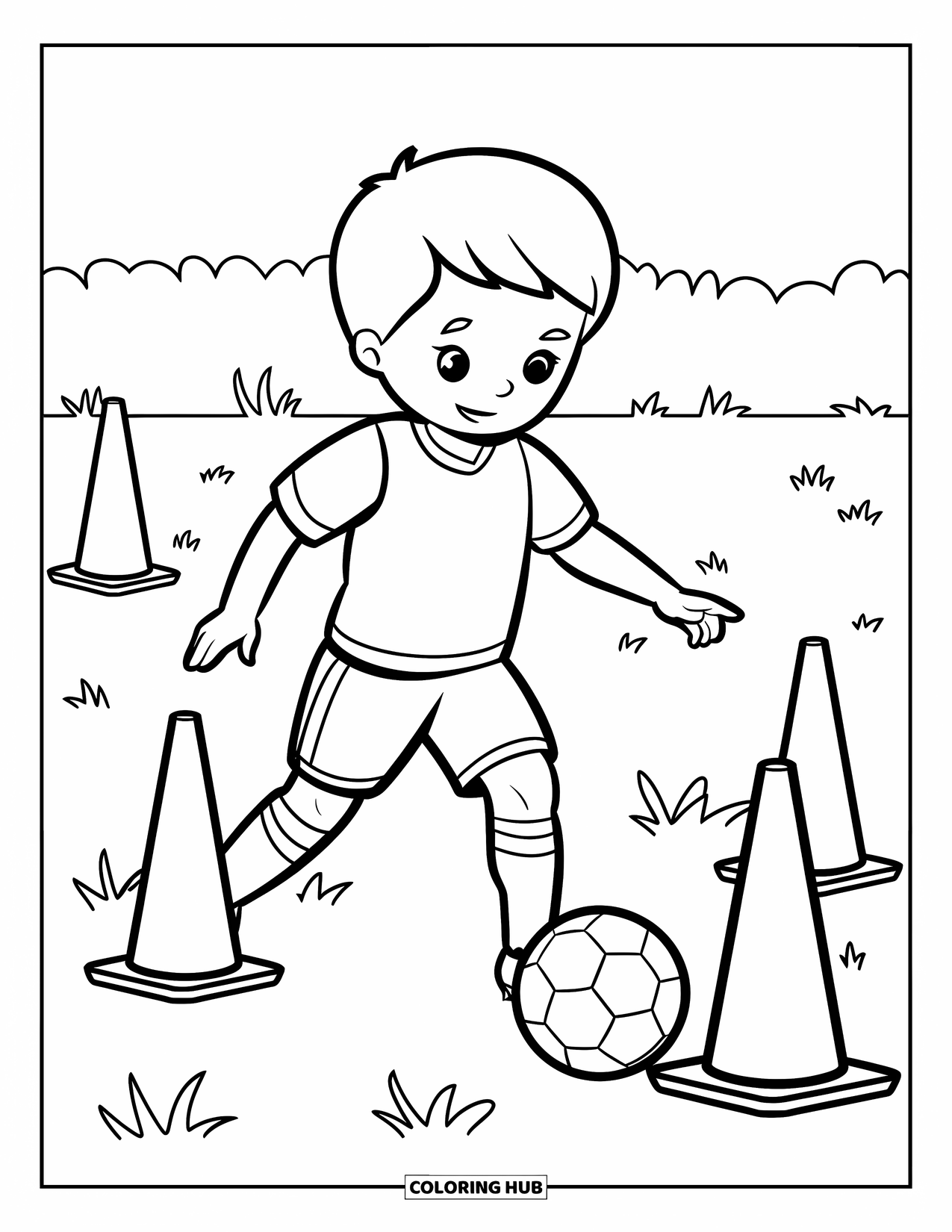 Voetbal Kleurplaat voor Kinderen: Een kind dribbelt een bal door kegels terwijl hij op een eenvoudig, grasveld staat