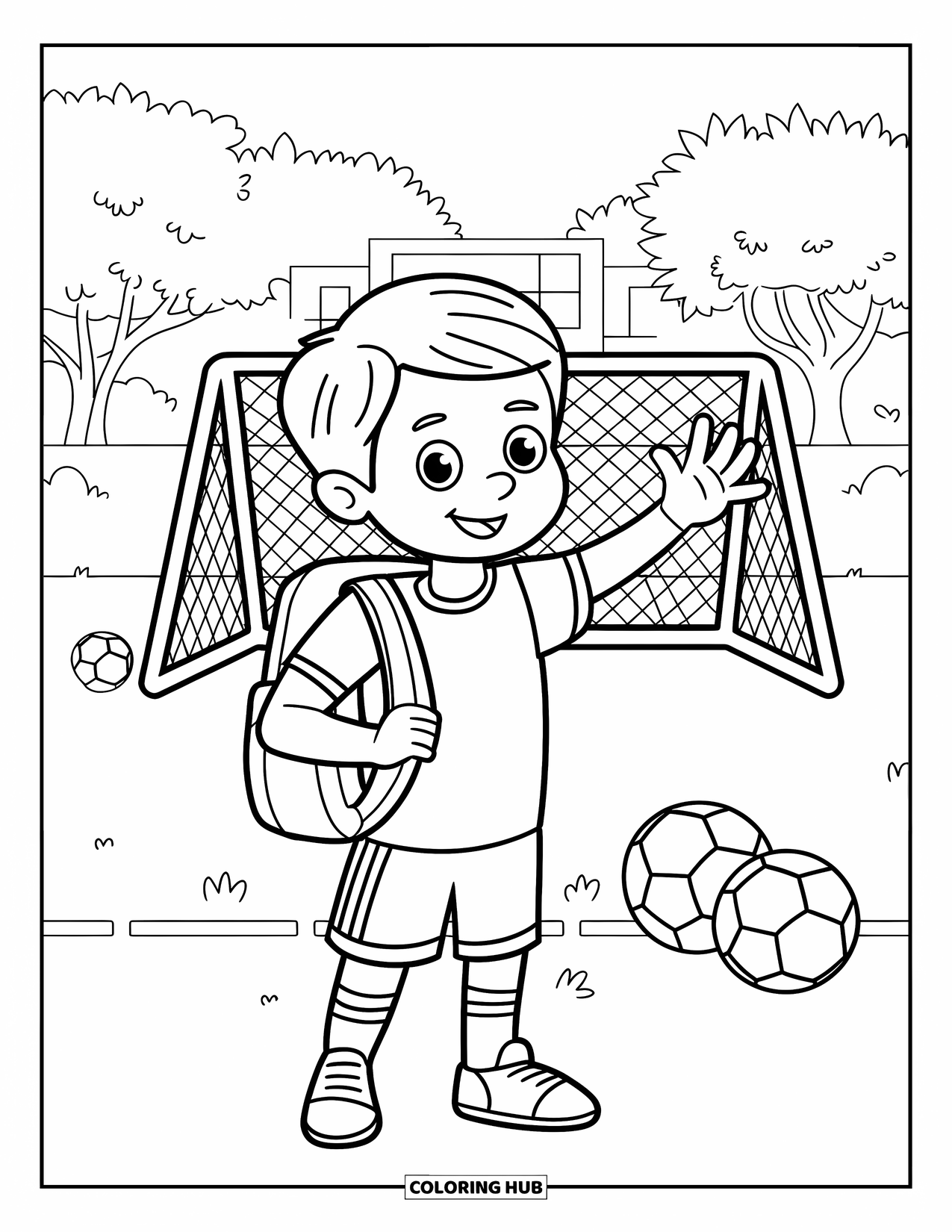 Voetbal Kleurplaat voor Kinderen: Een kind met een rugzak zwaait gedag na de training op een veld met doelen en bomen