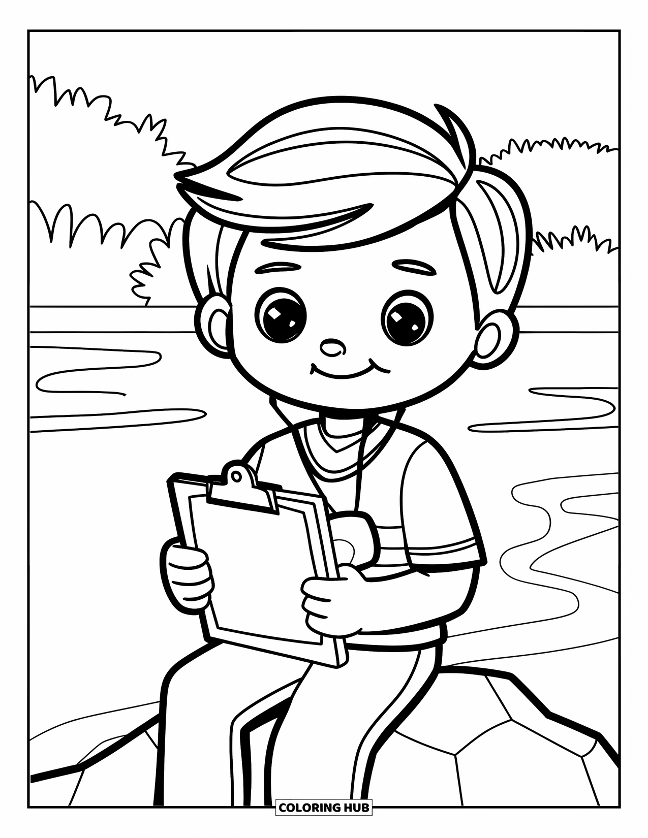 Voetbal Kleurplaat voor Kinderen: Een kind met een fluitje doet alsof hij kapitein is terwijl hij in de buurt van water en bomen zit