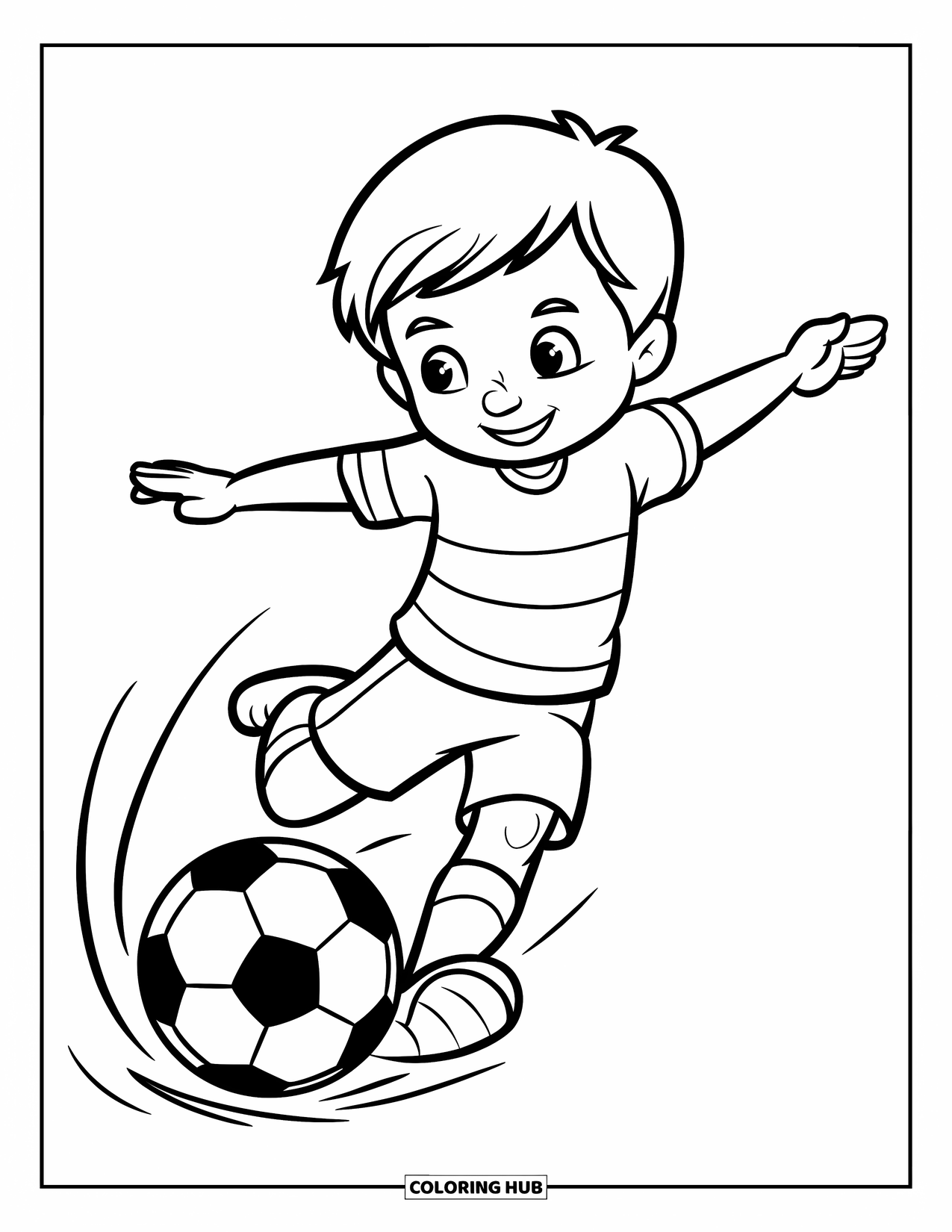 Voetbal Kleurplaat voor Kinderen: Een kind met uitgestrekte armen schopt een stuiterende bal