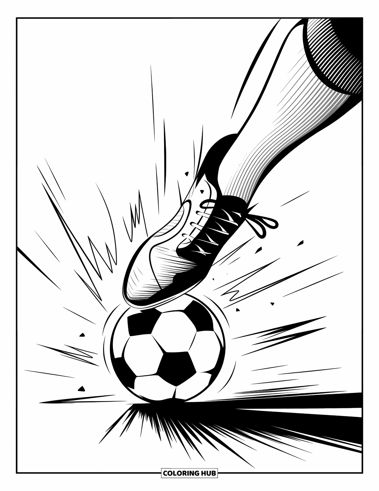 Voetbal Kleurplaat voor Kinderen: Een close-up schoen raakt de bal met energielijnen die uitbarsten vanaf het moment van impact