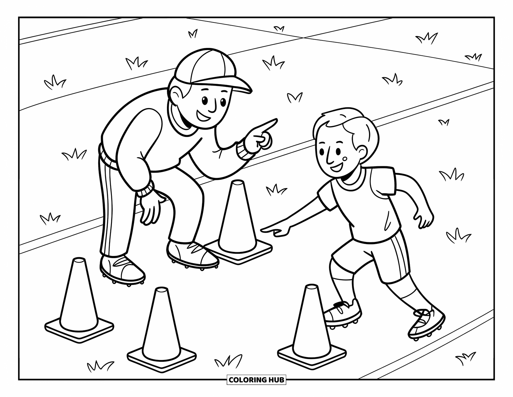 Voetbal Kleurplaat voor Kinderen: Een coach met een hoed leidt kegeloefeningen terwijl een speler op een grasveld rent