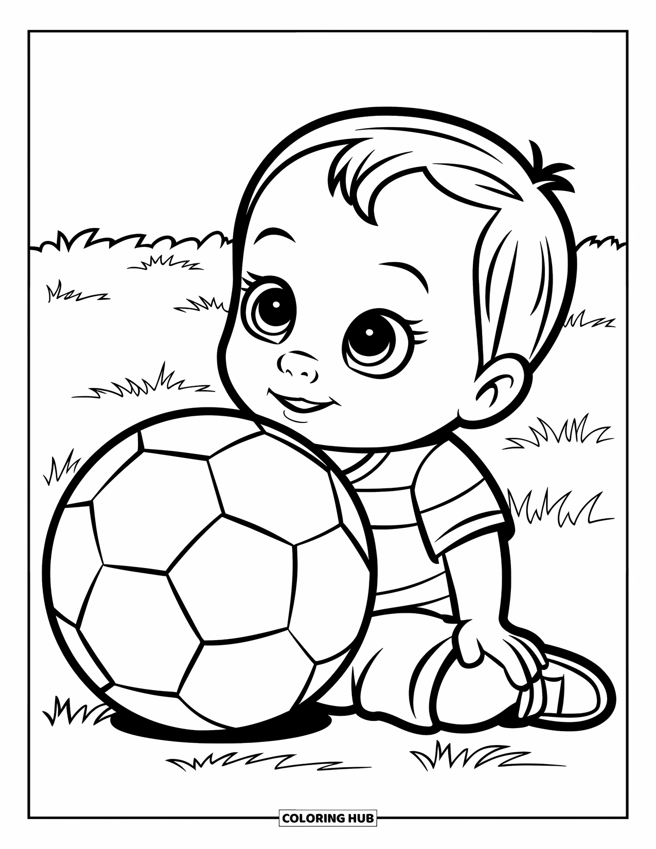 Voetbal Kleurplaat voor Kinderen: Een nieuwsgierige peuter zit naast een grote voetbal op een grasveld