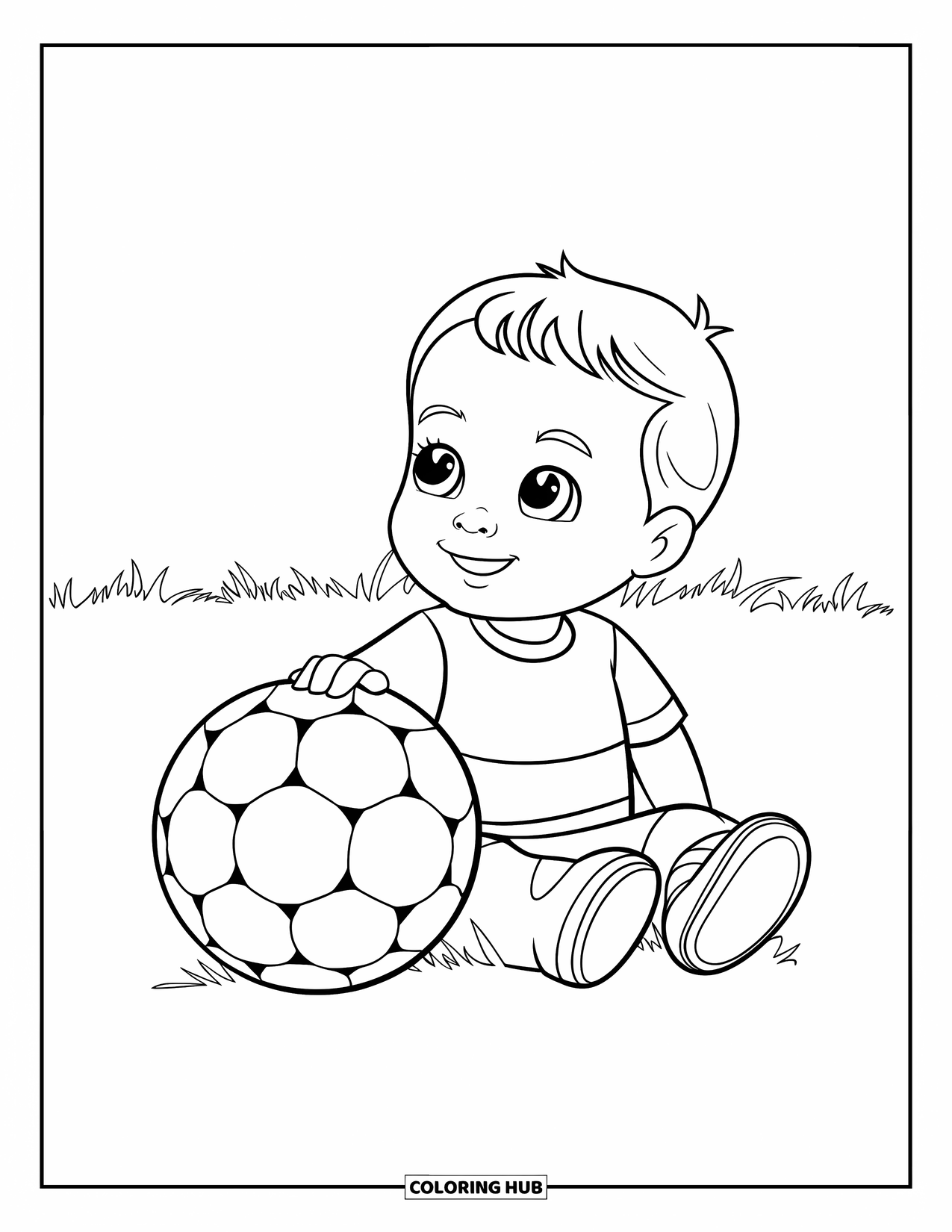 Voetbal Kleurplaat voor Kinderen: Een nieuwsgierige peuter zit naast een voetbal op een helder, open veld