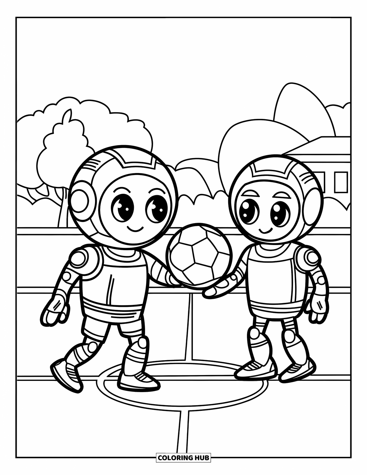 Voetbal Kleurplaat voor Kinderen: Een schattige robot in voetbalschoenen geeft de bal aan een teamgenoot in de buurt van bomen en een gebouw