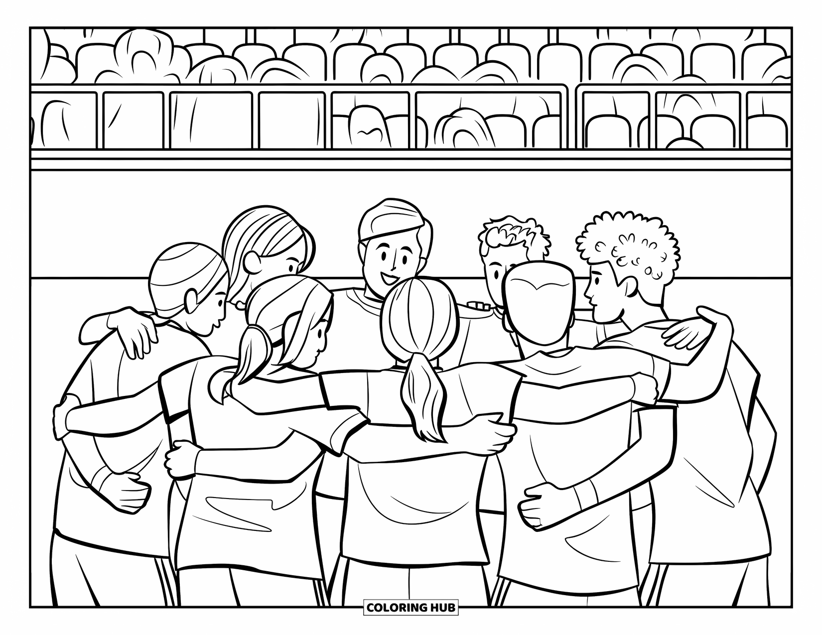 Voetbal Kleurplaat voor Kinderen: Een diverse groep vrienden kruipt op het veld met een juichende stadionmenigte achter hen