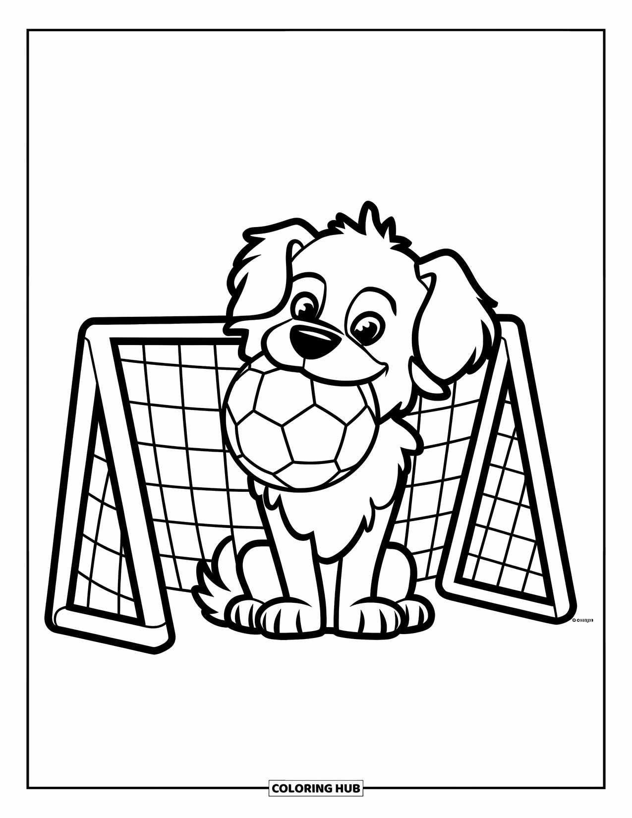 Voetbal Kleurplaat voor Kinderen: Een pluizige hond houdt een voetbal vast terwijl hij bij een houten doelpaal zit