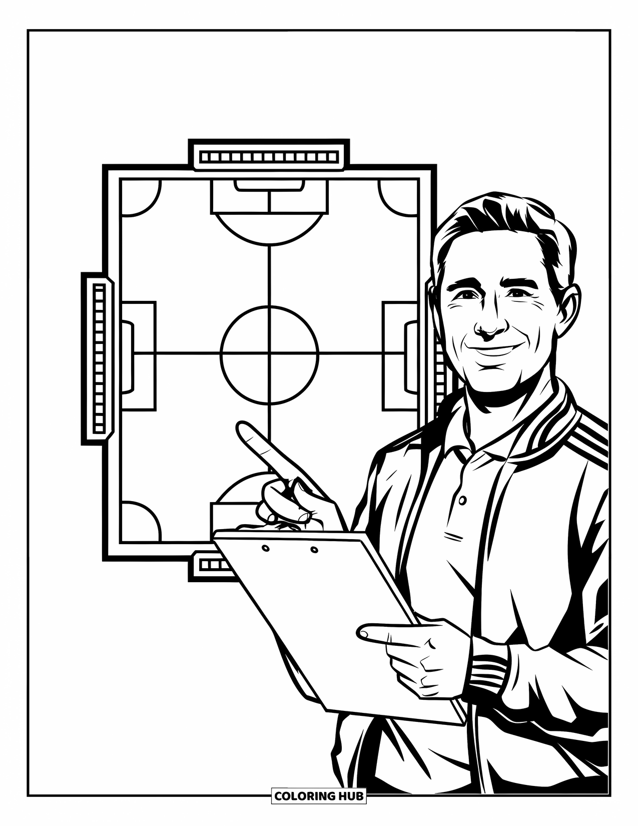 Voetbal Kleurplaat voor Kinderen: Een vriendelijke coach legt een voetbalveldindeling uit op een schone achtergrond