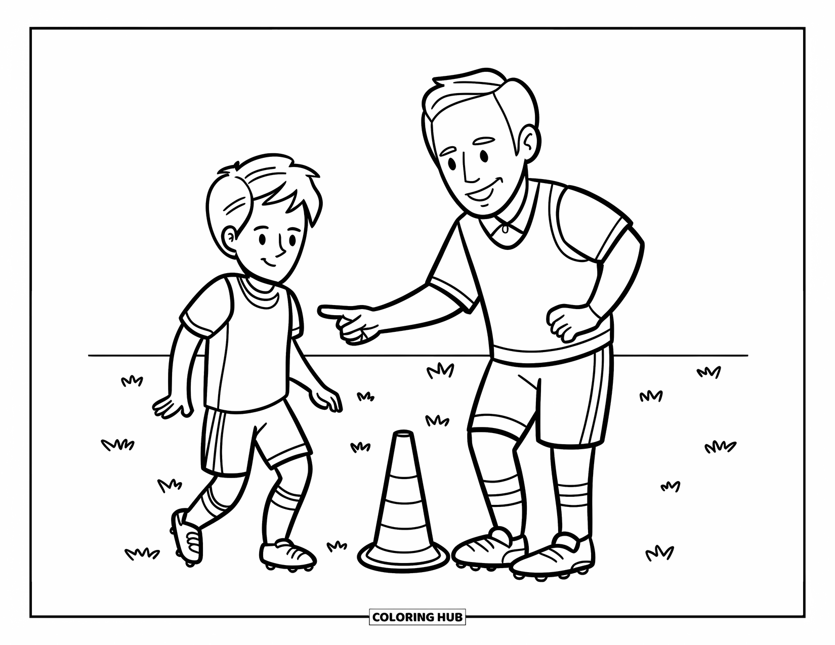 Voetbal Kleurplaat voor Kinderen: Een vriendelijke coach wijst naar een kegeloefening tijdens een veldtraining