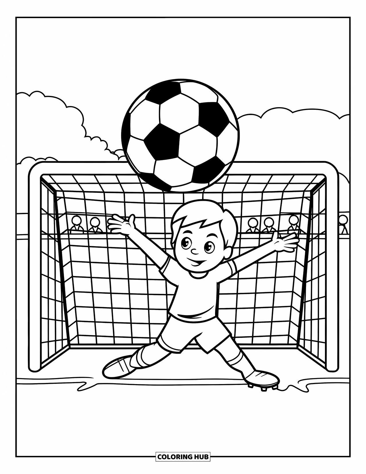 Voetbal Kleurplaat voor Kinderen: Een keeper reikt omhoog, de ogen gericht op de bal erboven