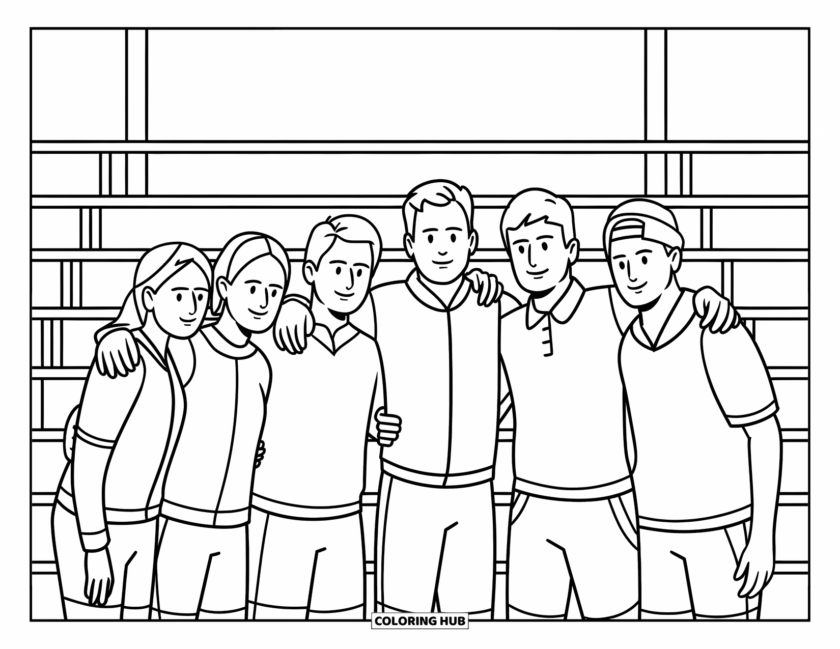 Voetbal Kleurplaat voor Kinderen: Een groep vrienden kruipt in uniformen bij elkaar met een stadion en tribunes achter hen