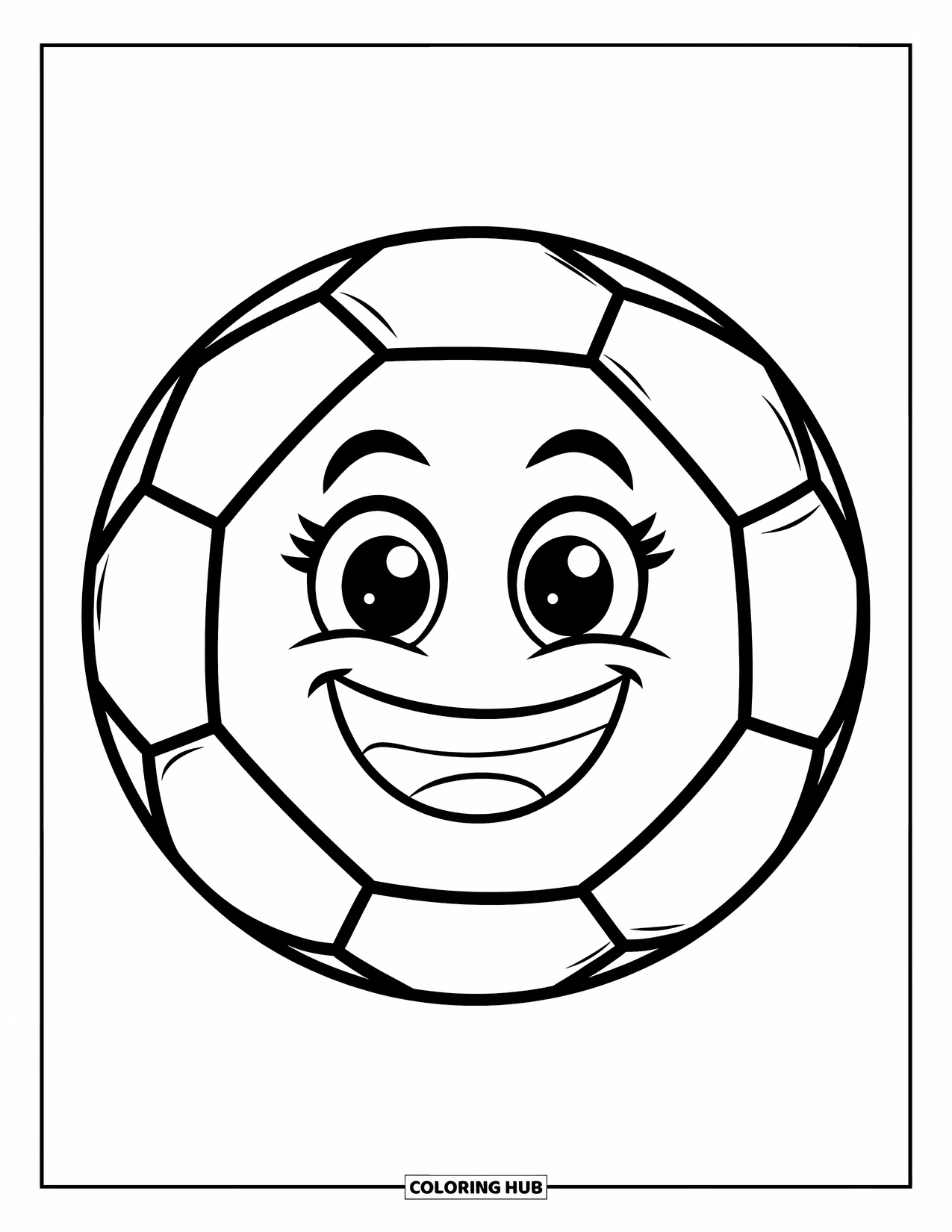 Voetbal Kleurplaat voor Kinderen: Een vrolijk kijkende voetbal straalt met grote, heldere ogen