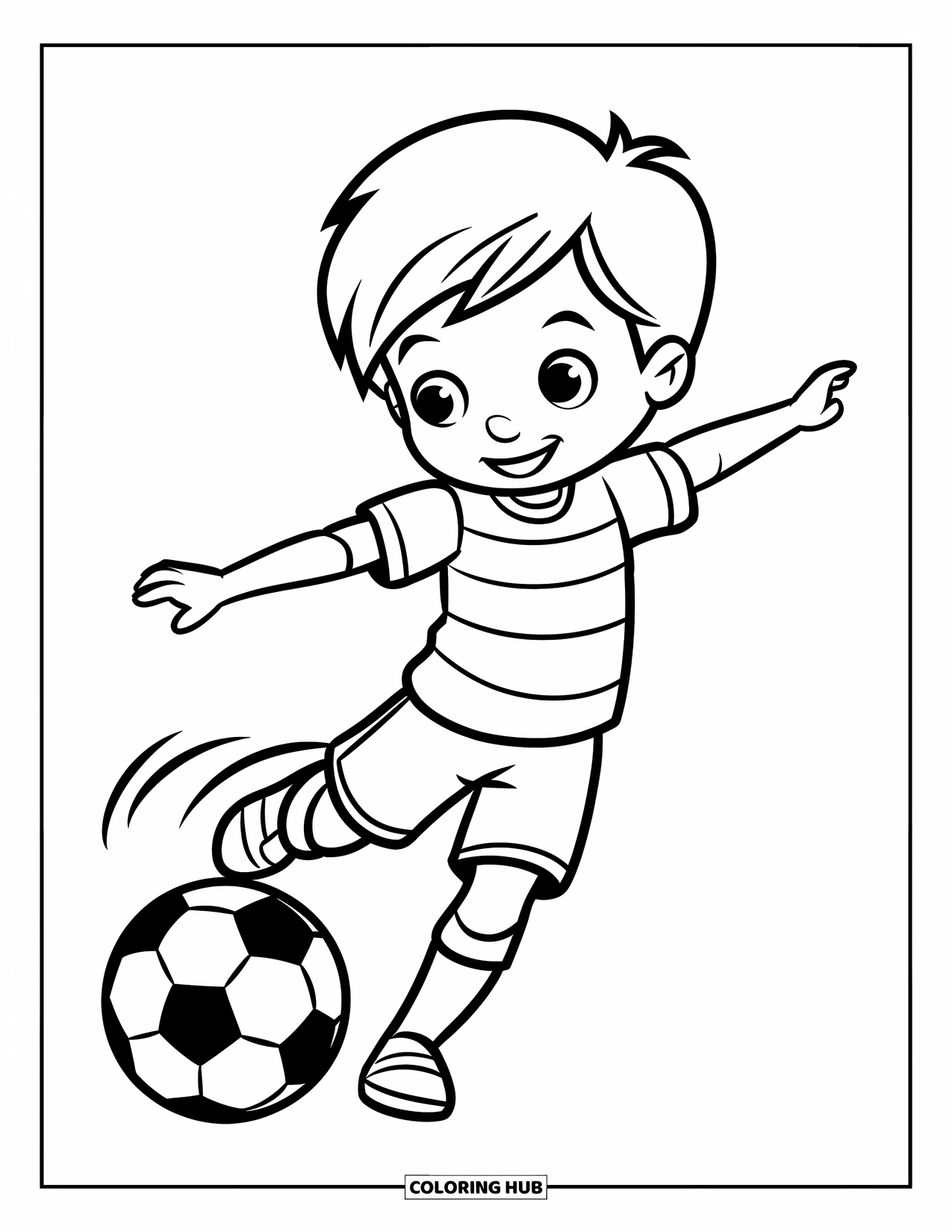 Voetbal Kleurplaat voor Kinderen: Een vrolijk kind schopt de bal met wijd uitgestrekte armen