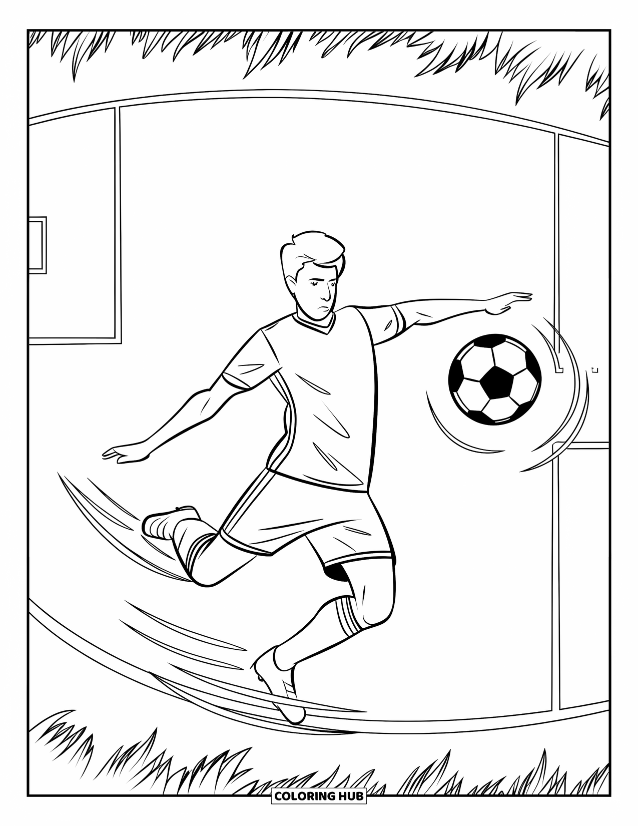 Voetbal Kleurplaat voor Kinderen: Een speler schopt de bal in de lucht terwijl bewegingslijnen het pad op het veld laten zien