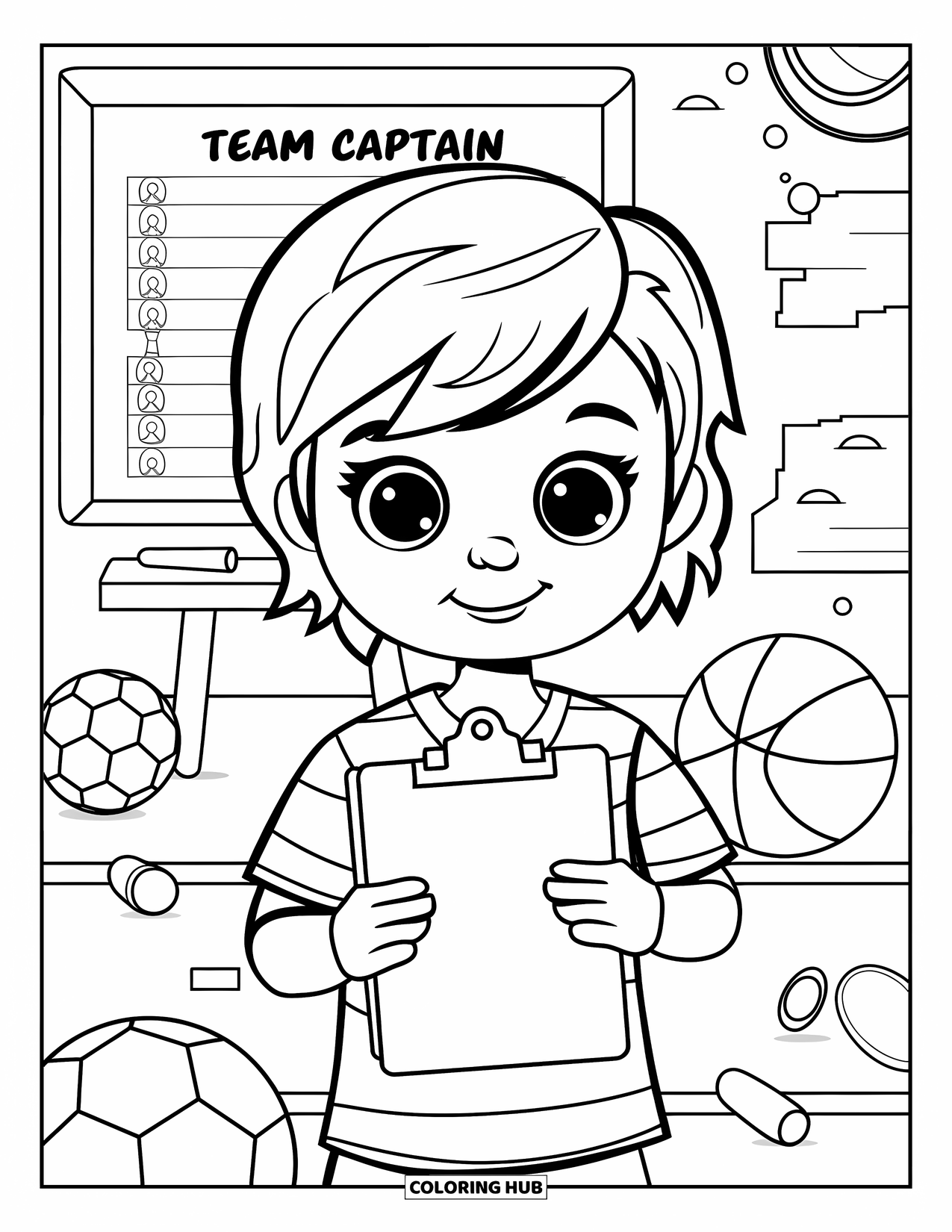 Voetbal Kleurplaat voor Kinderen: Een kind met kort haar en een klembord staat in de buurt van een schoolbord en verspreide sportartikelen