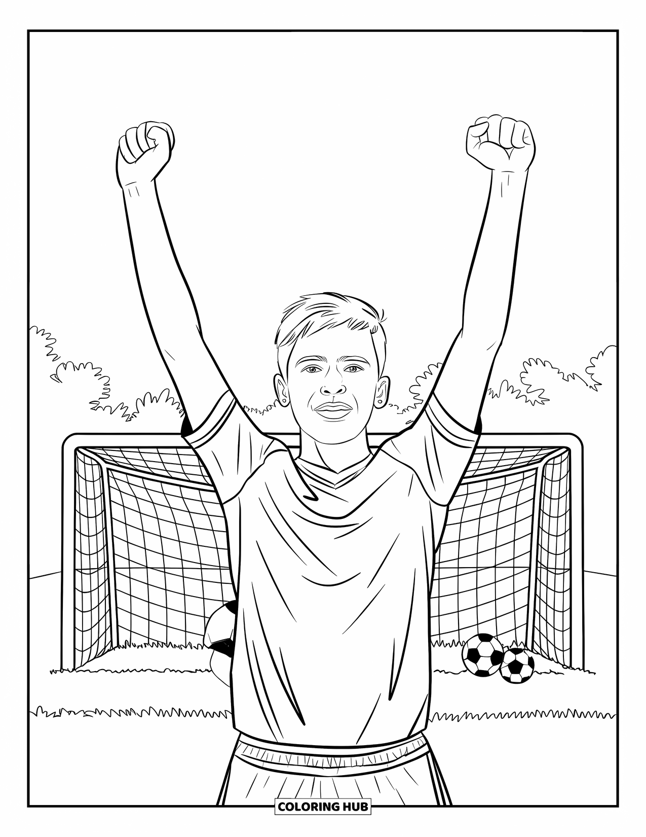 Voetbal Kleurplaat voor Kinderen: Een tiener met kort haar viert een doelpunt met opgeheven armen in de buurt van een doelpaal en verspreide ballen