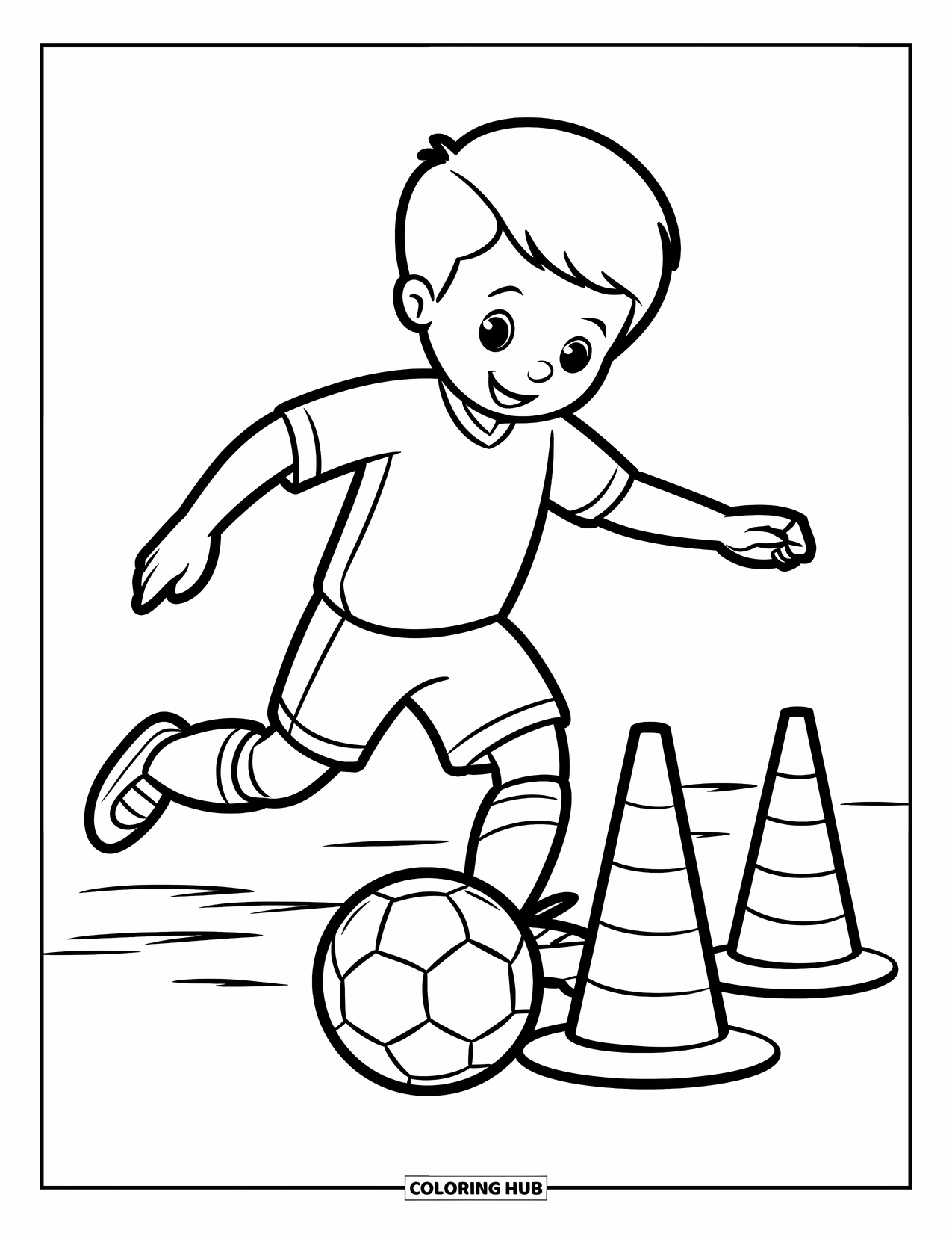 Voetbal Kleurplaat voor Kinderen: Een lachend kind dribbelt een bal door kegels op een veld tijdens de voetbaltraining