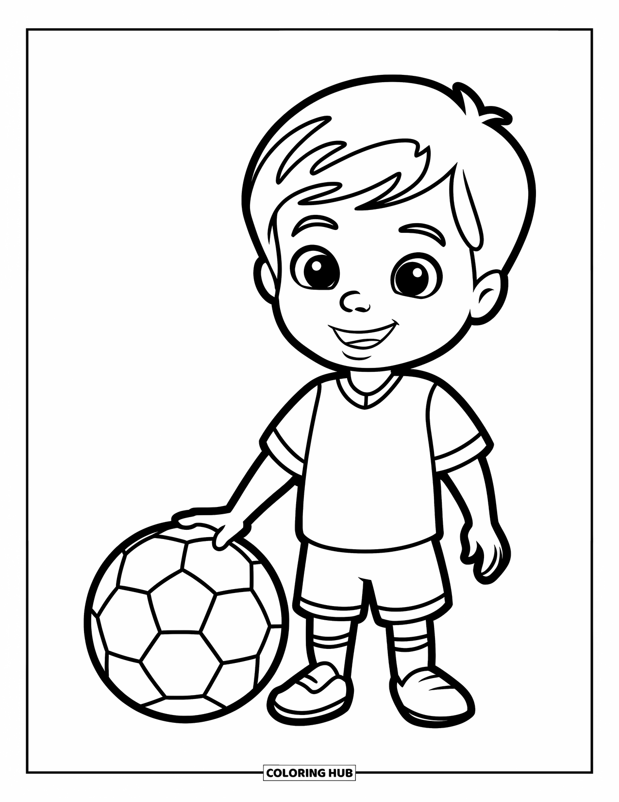 Voetbal Kleurplaat voor Kinderen: Een lachend kind staat groot naast een voetbal