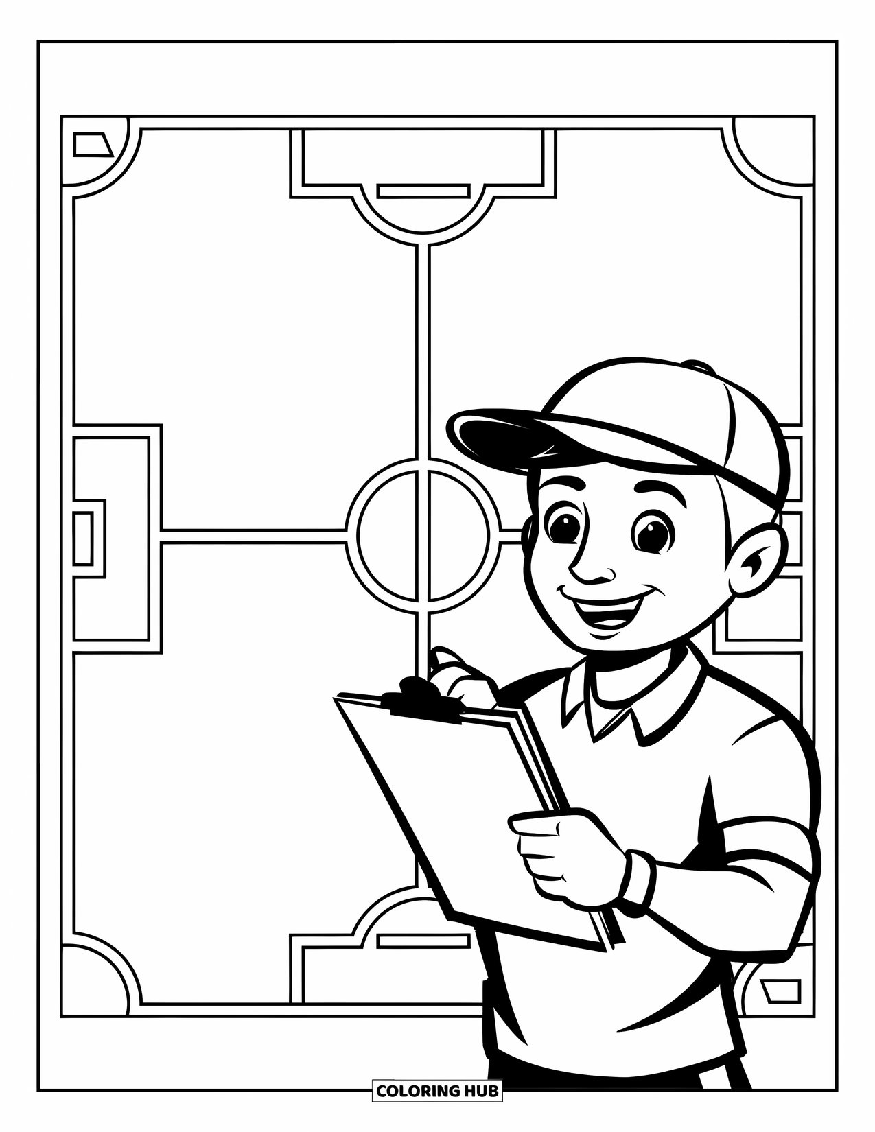 Voetbal Kleurplaat voor Kinderen: Een lachende coach wijst naar een gemarkeerd voetbalveld met duidelijk het woord 'doel' erop