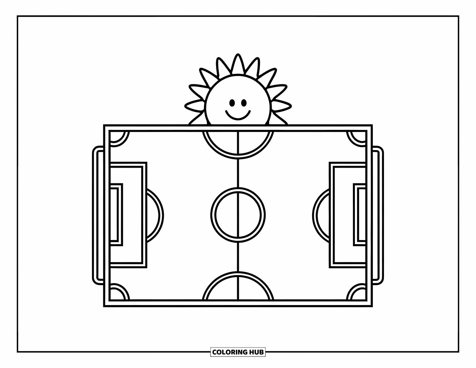 Voetbal Kleurplaat voor Kinderen: Een lachende zon schijnt over een voetbalveld met doelen en een bal in het midden