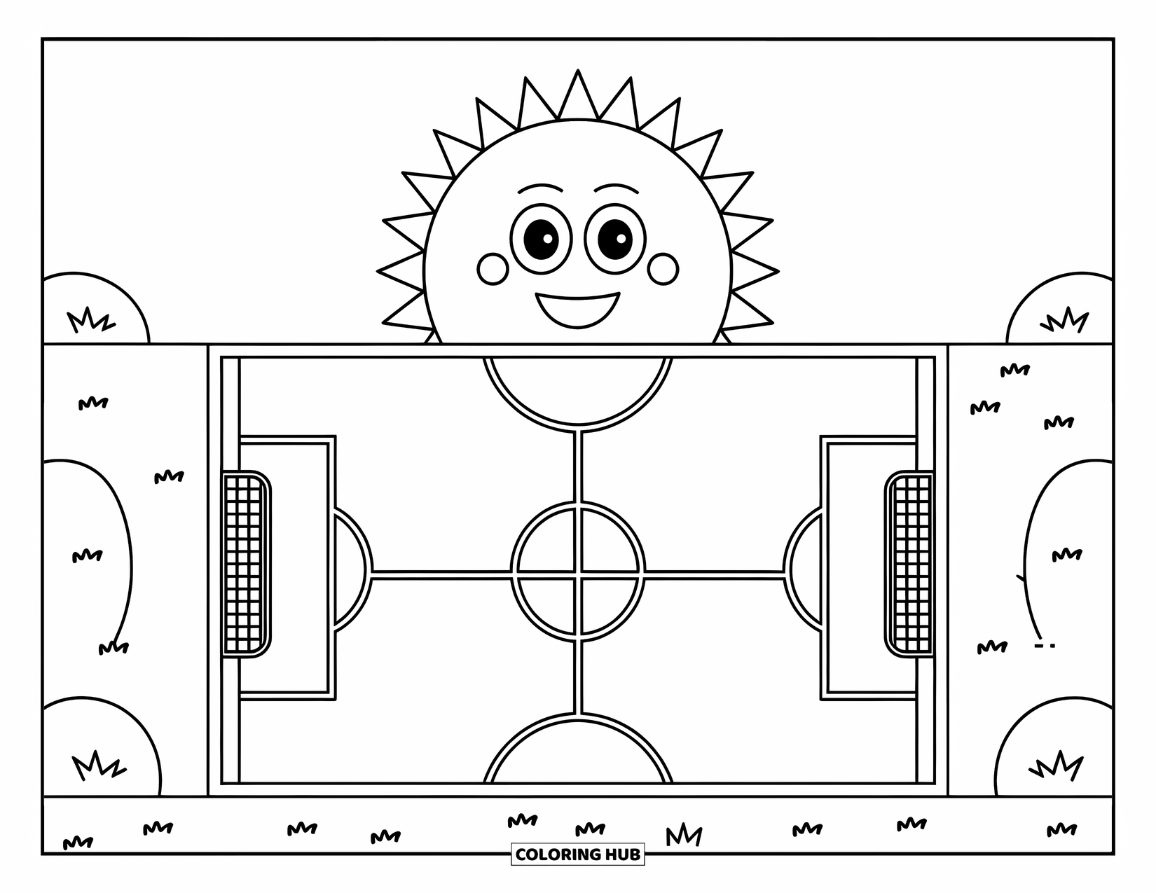 Voetbal Kleurplaat voor Kinderen: Een lachende zon met grote ogen zweeft boven een veld met doelpalen en groene heuvels