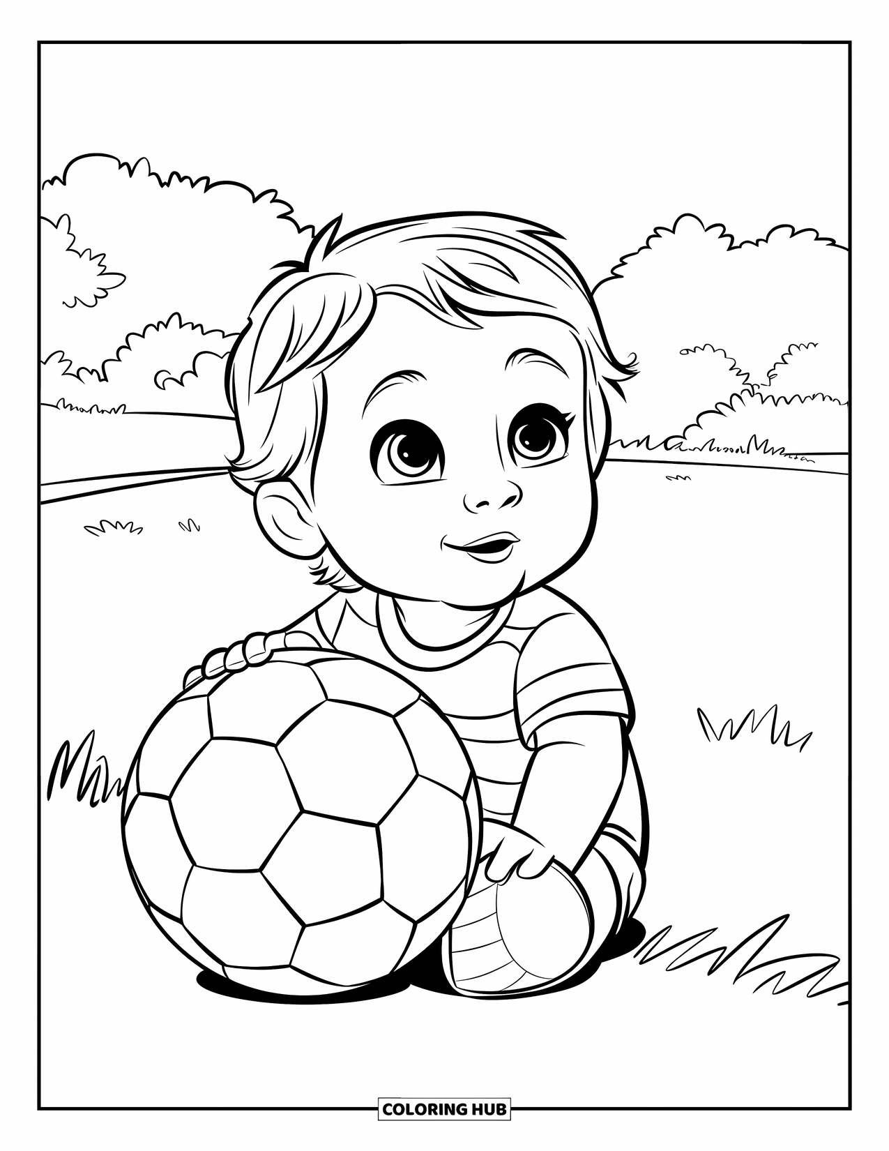 Voetbal Kleurplaat voor Kinderen: Een lachende peuter zit naast een voetbal met bomen in de verte