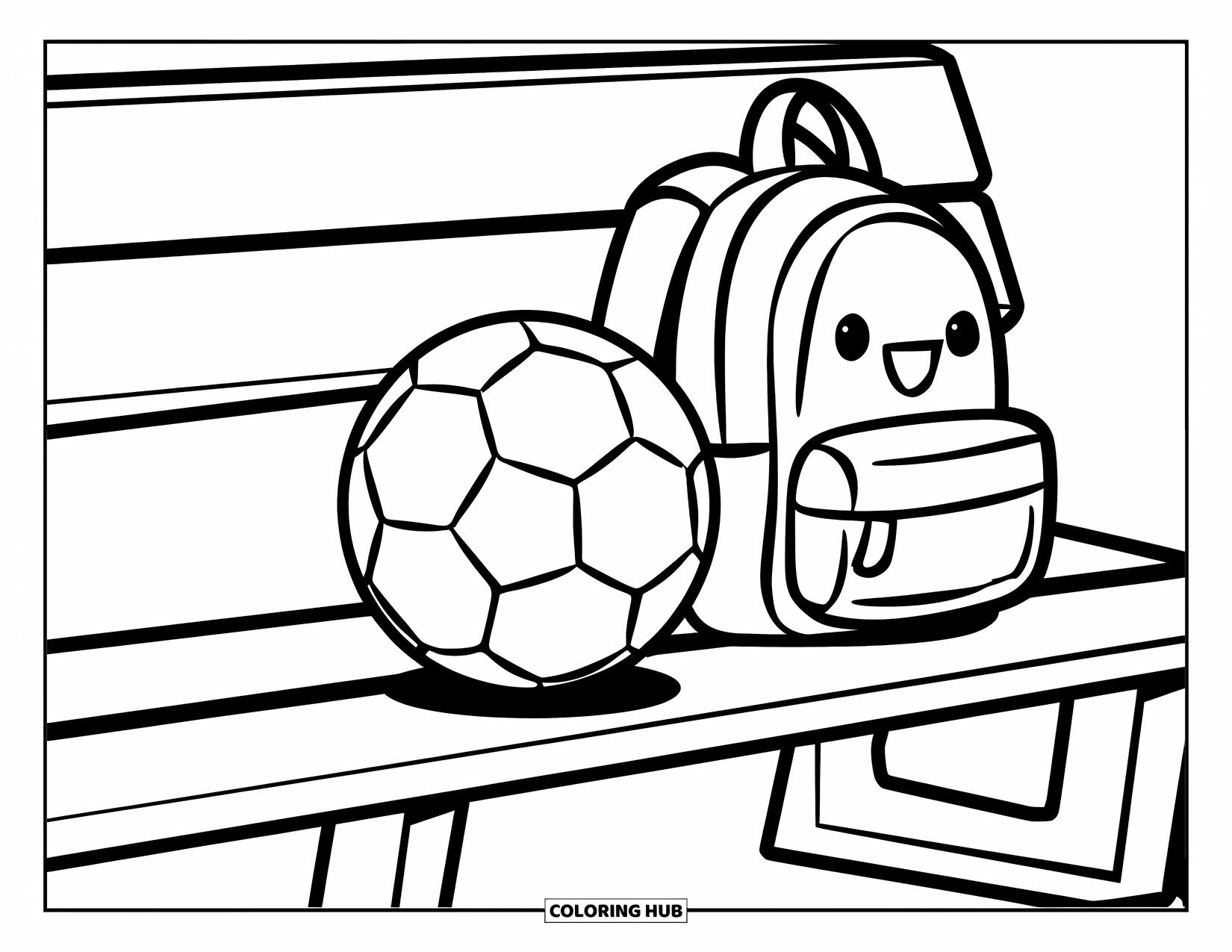 Voetbal Kleurplaat voor Kinderen: Een voetbal en rugzak rusten rustig op een bankje