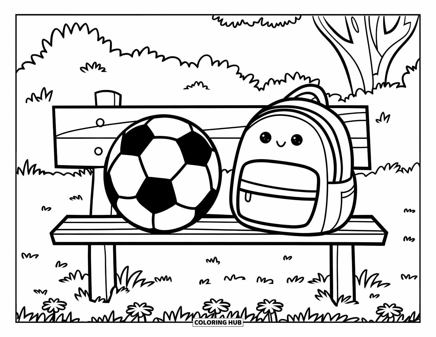 Voetbal Kleurplaat voor Kinderen: Een voetbal en rugzak staan op een bankje bij een boom en bloemen