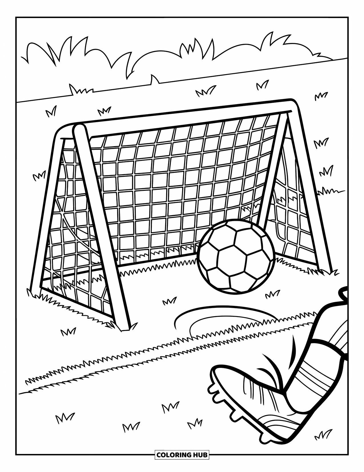 Voetbal Kleurplaat voor Kinderen: Een voetbal vliegt naar het net terwijl een voet verschijnt