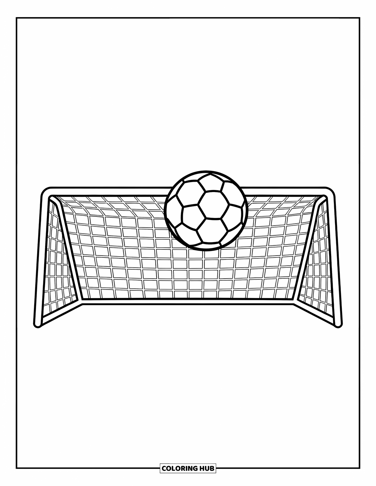 Voetbal Kleurplaat voor Kinderen: Een voetbal hangt in de lucht, net voordat hij het doel raakt