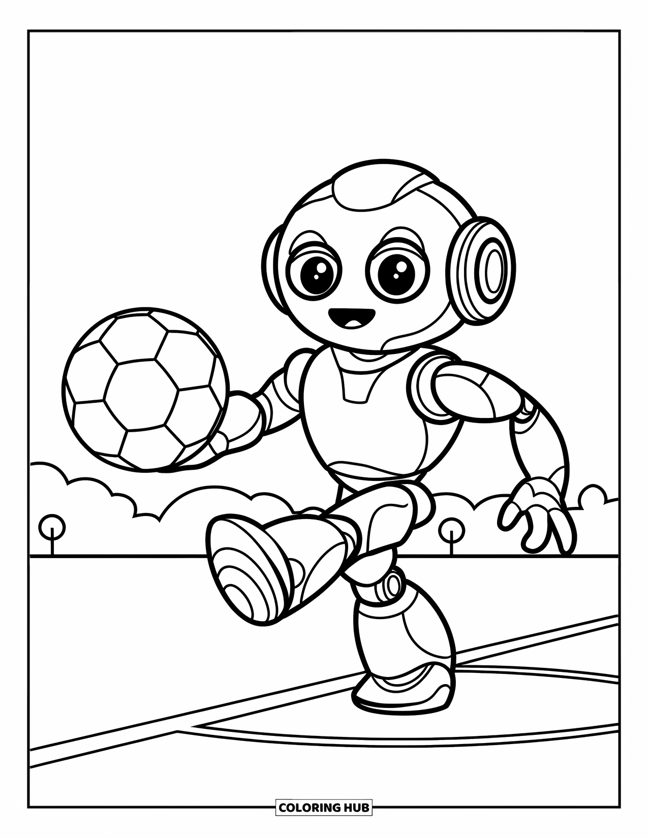 Voetbal Kleurplaat voor Kinderen: Een voetbalrobot met een vierkant hoofd geeft de bal aan een teamgenoot op een klein veld