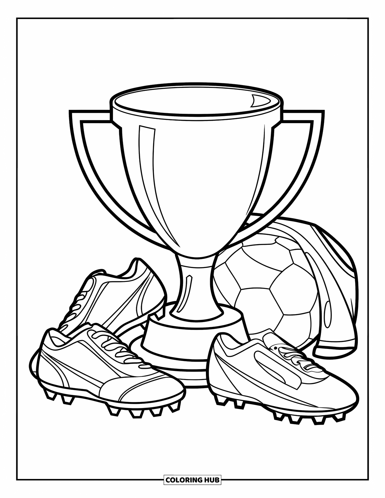 Voetbal Kleurplaat voor Kinderen: Een voetbaltrofee staat in het midden met voetbalschoenen, een bal en een gedrapeerd shirt
