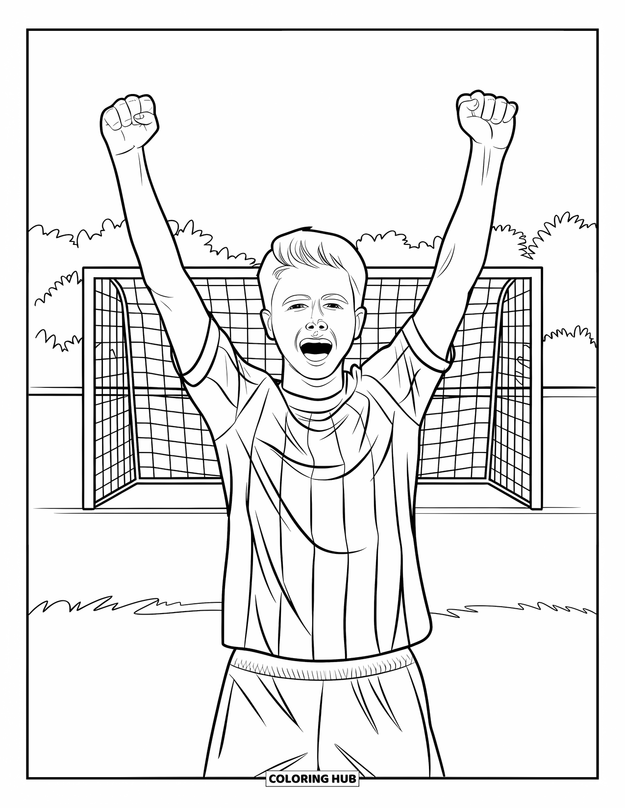 Voetbal Kleurplaat voor Kinderen: Een tiener in een gestreept shirt viert een doelpunt met opgeheven armen op het voetbalveld