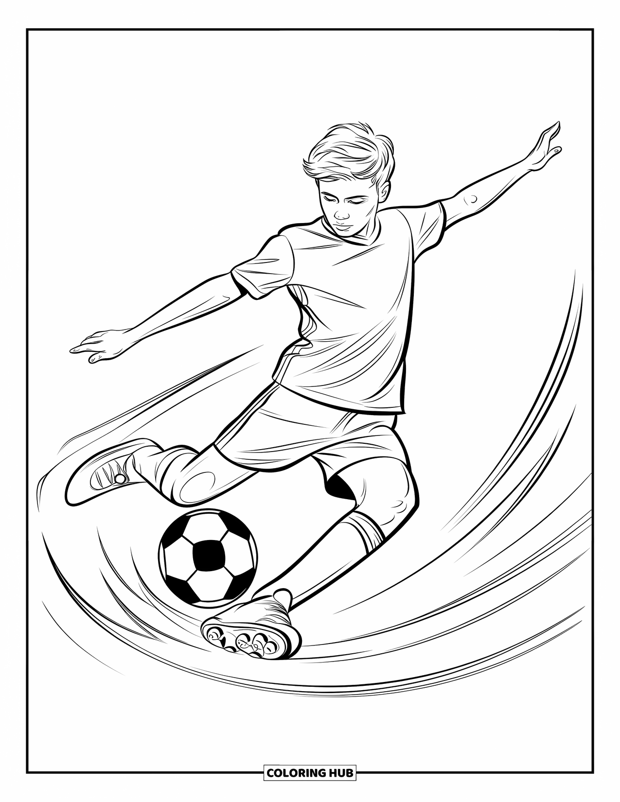 Voetbal Kleurplaat voor Kinderen: Een tiener voert een fietstrap uit in de lucht met dynamische bewegingslijnen achter de bal