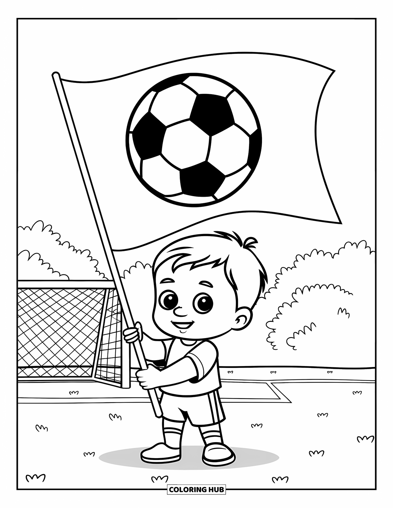 Voetbal Kleurplaat voor Kinderen: Een peuter zwaait met een vlag op een veld in de buurt van een doelpaal en bomen