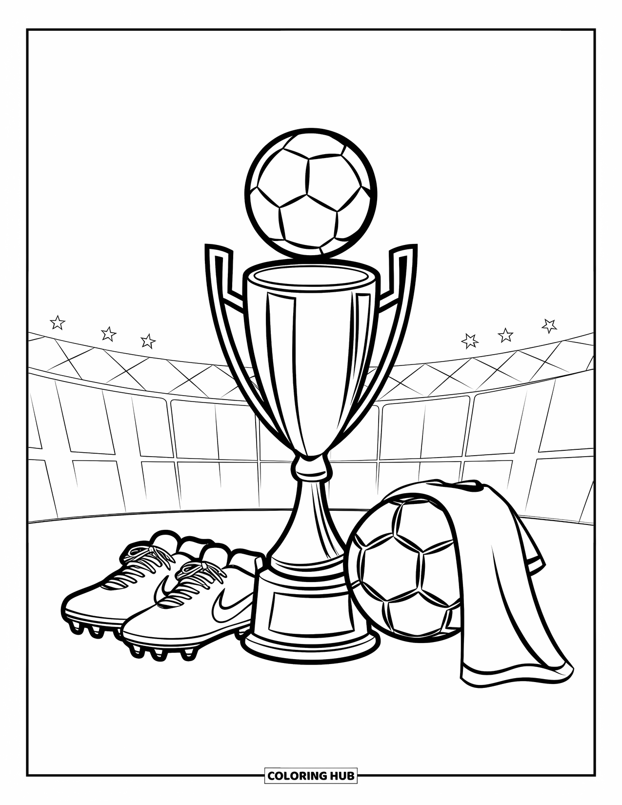 Voetbal Kleurplaat voor Kinderen: Een trofee staat trots met voetbalschoenen, een bal en een shirt eromheen geplaatst