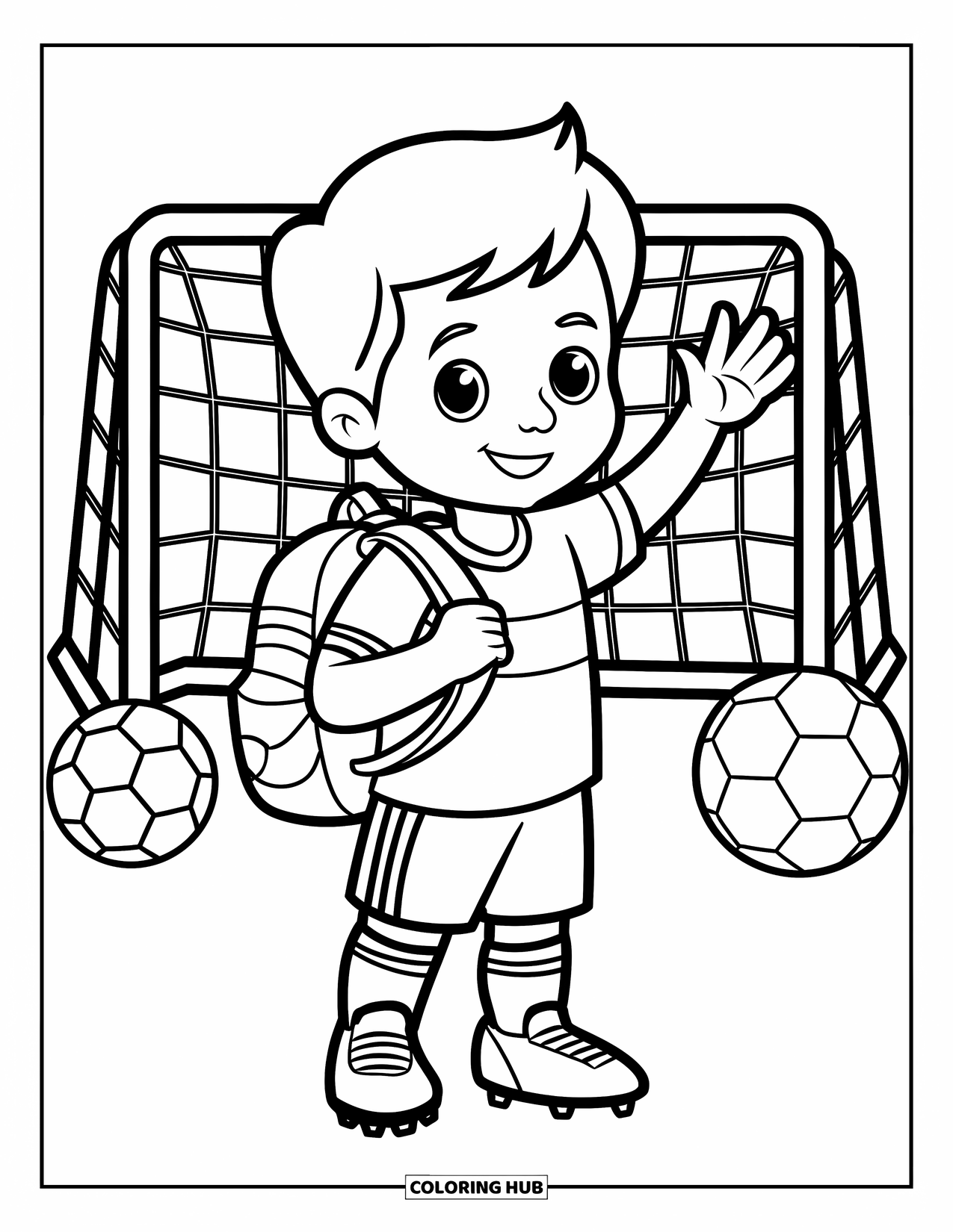 Voetbal Kleurplaat voor Kinderen: Een kind in uniform en voetbalschoenen zwaait na de training in de buurt van voetballen en doelpalen