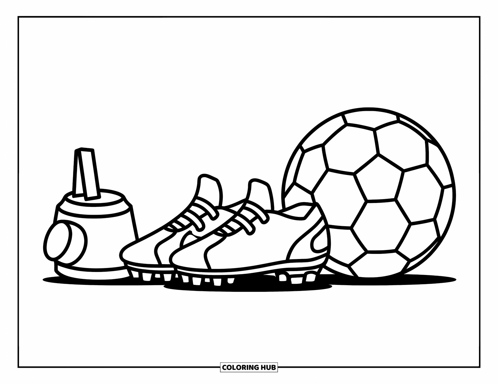 Voetbal Kleurplaat voor Kinderen: Een fluitje, voetbalschoenen en een bal staan netjes op een rij op de grond