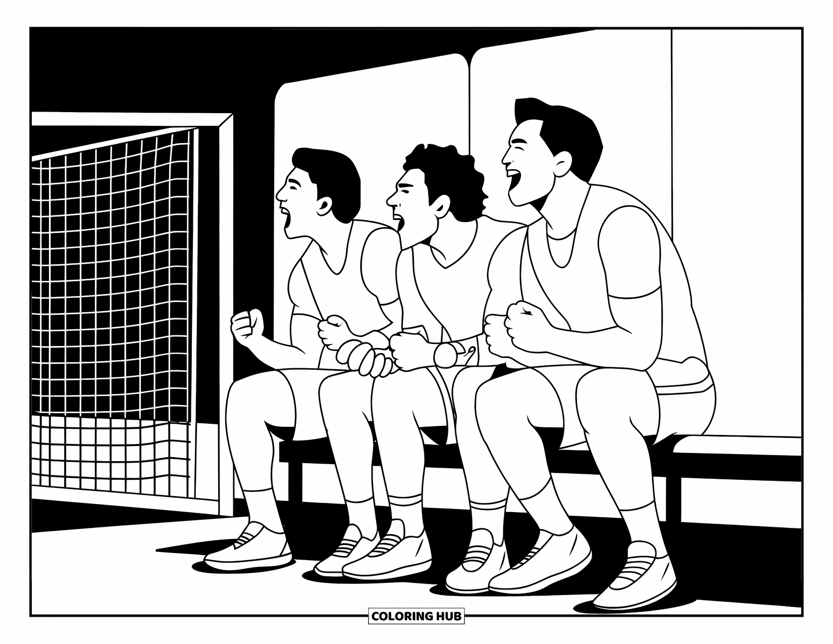 Voetbal Kleurplaat voor Kinderen: Bankspelers juichen terwijl hun teamgenoot scoort in de buurt van een doelpaal en een witte muur