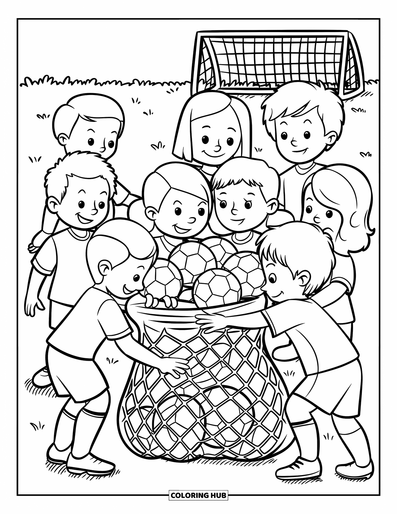 Voetbal Kleurplaat voor Kinderen: Kinderen verzamelen voetballen in een netzak in de buurt van doelpalen op een grasveld