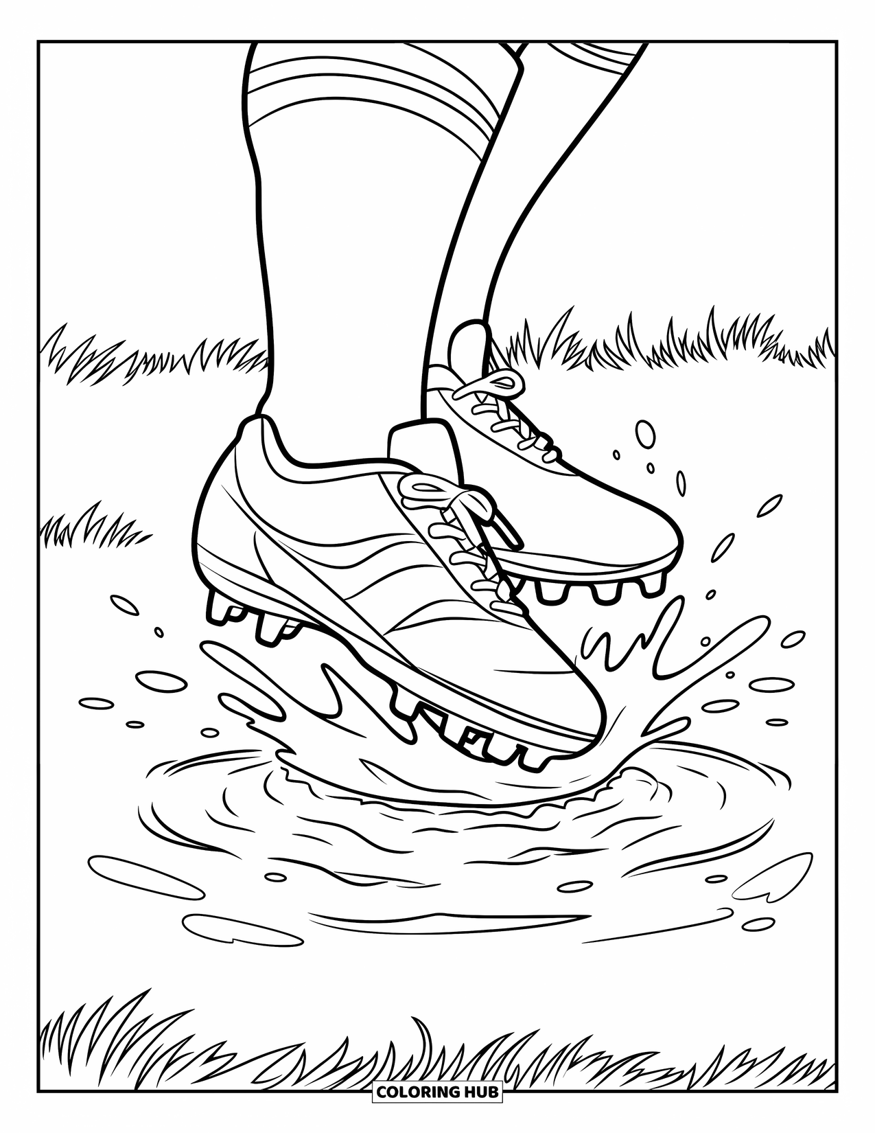 Voetbal Kleurplaat voor Kinderen: Voetbalschoenen schoppen water omhoog terwijl ze door een kleine plas op het veld spatten