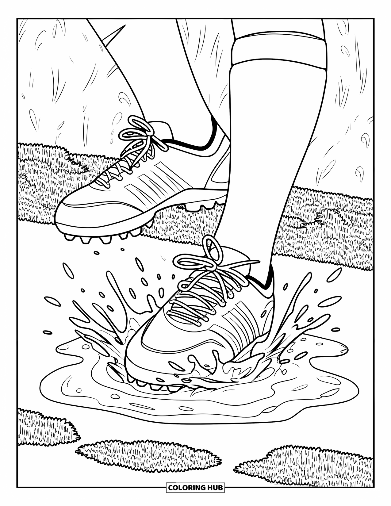Voetbal Kleurplaat voor Kinderen: Voetbalschoenen spatten door een bemoste plas in beweging naast een getextureerde muur
