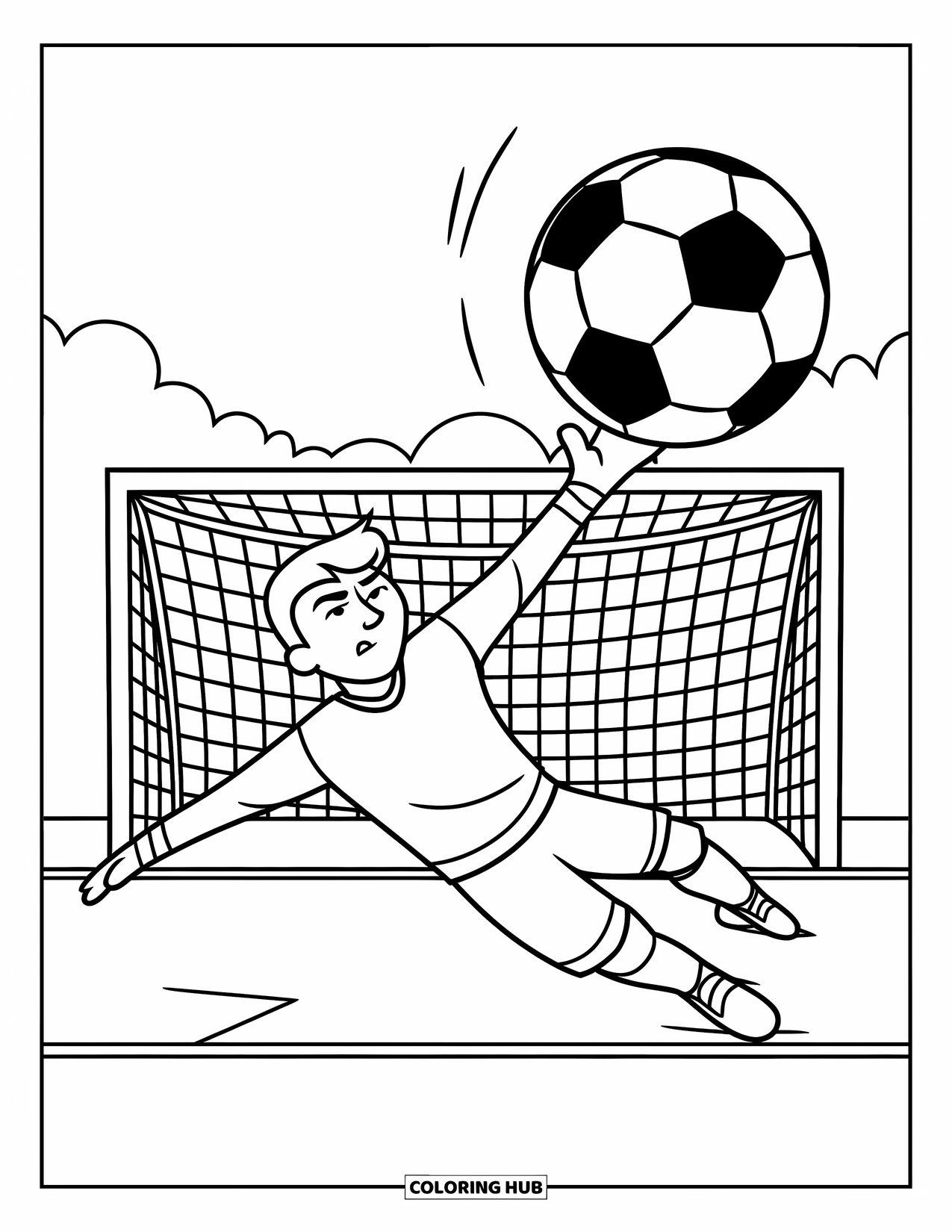 Voetbal Kleurplaat voor Kinderen: Met gesloten ogen duikt een keeper naar de bal met doelpalen achter zich op het veld