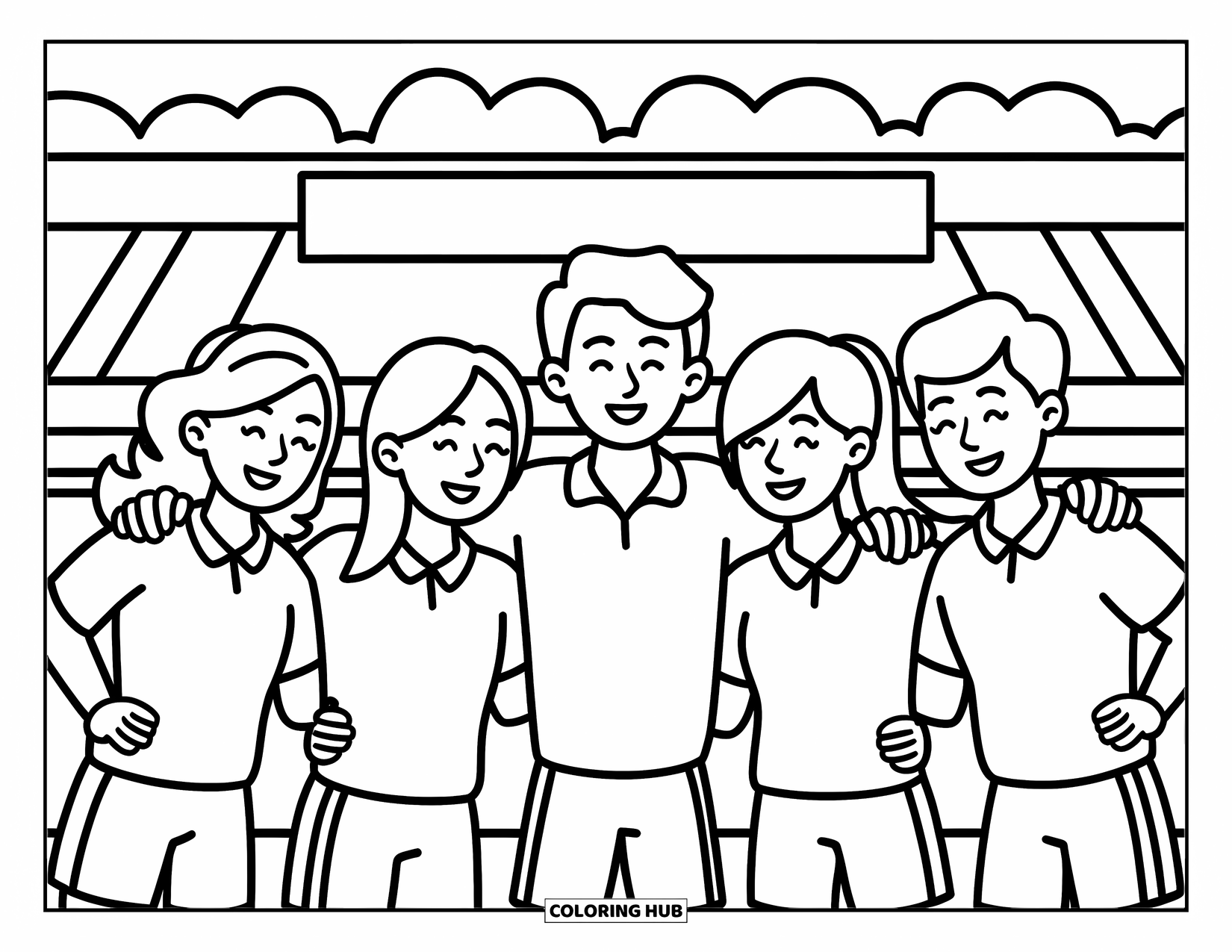 Voetbal Kleurplaat voor Kinderen: Vrienden in sportuniformen delen een teamknuffel met gesloten ogen onder een stadionbanner