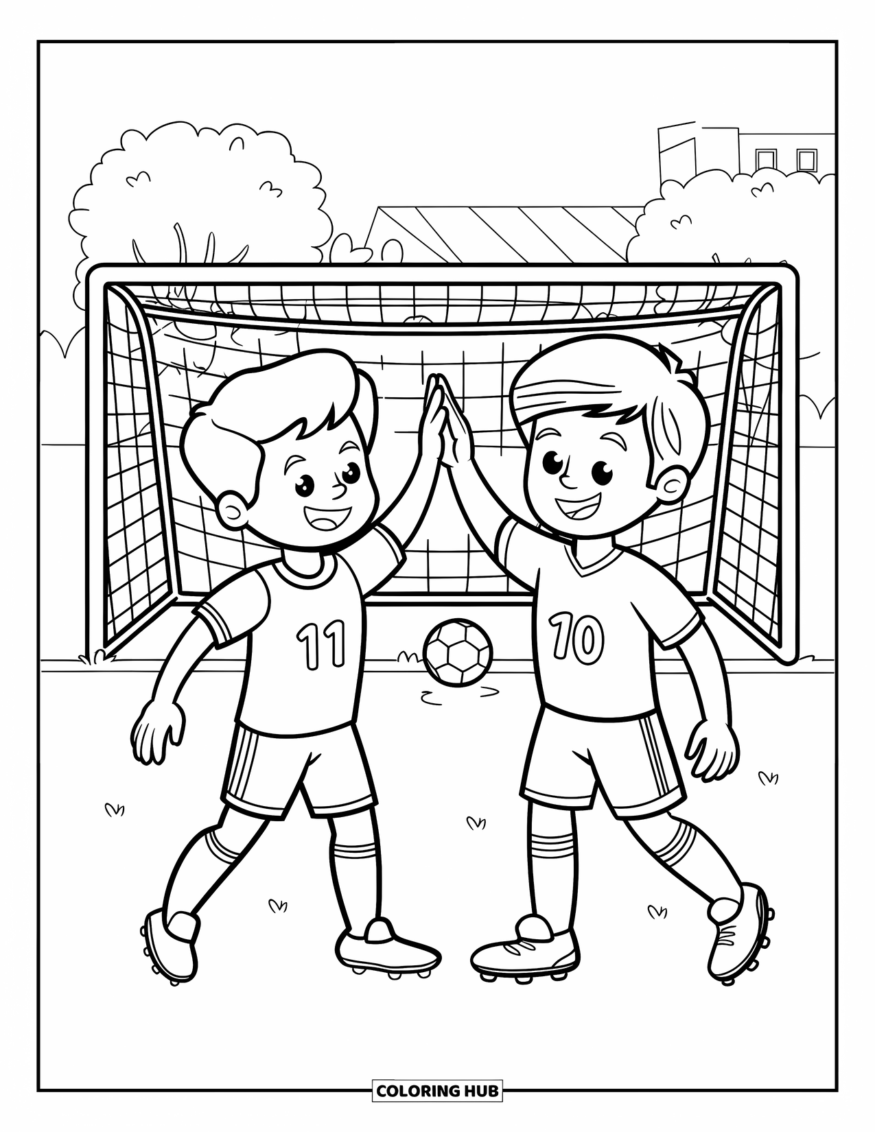 Voetbal Kleurplaat voor Kinderen: Kinderen geven elkaar een high-five na het scoren, met bomen en een gebouw op de achtergrond