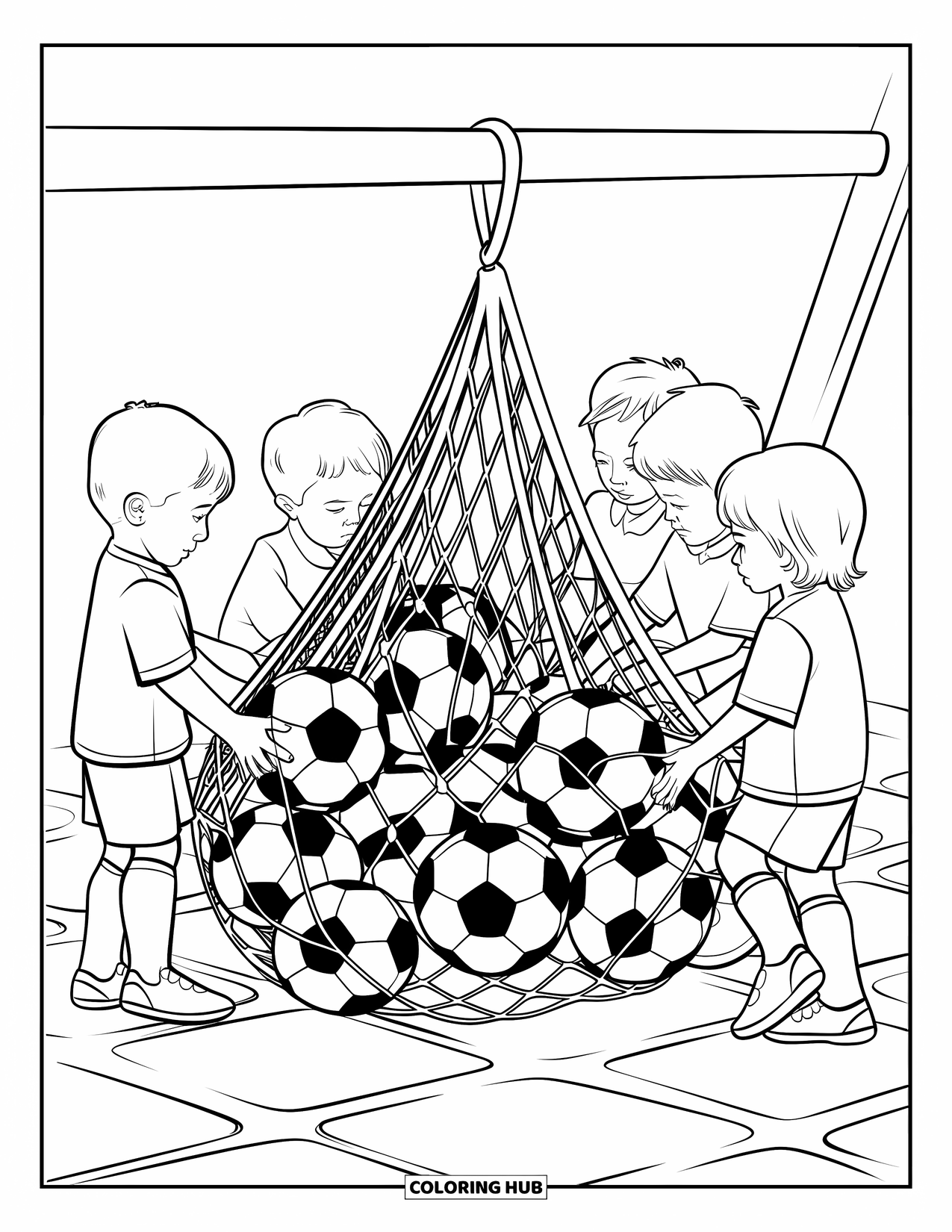 Voetbal Kleurplaat voor Kinderen: Kinderen in uniform verzamelen voetballen in de buurt van een houten paal met een patroonachtige grond eronder